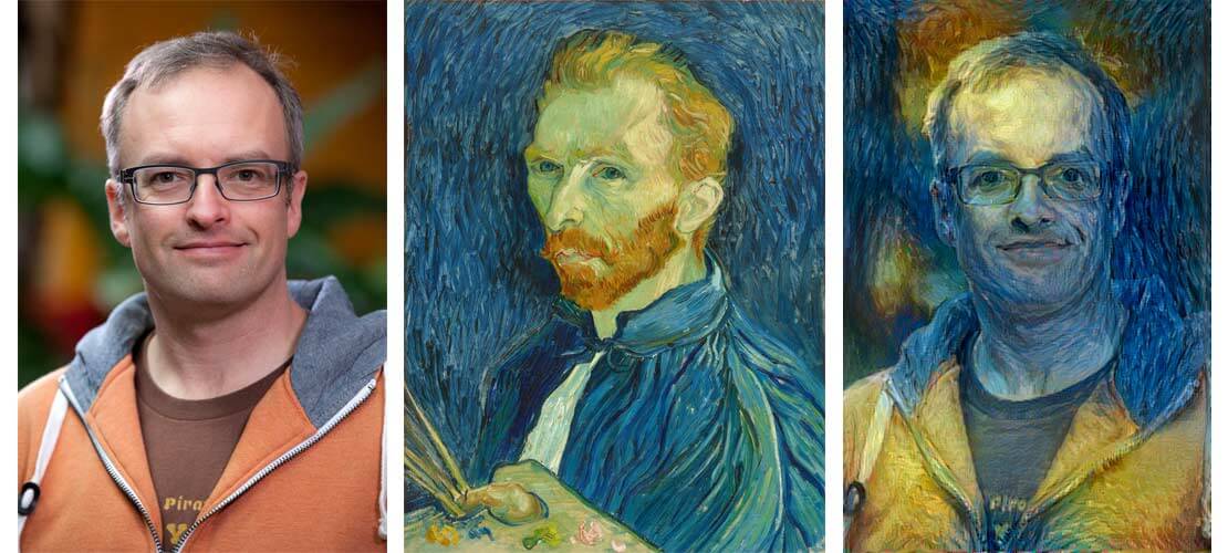 foto, van Gogh-billede og en kombination af de to billeder